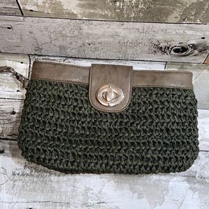 Anthro Shiraleah Woven Army Green Clutch with Silver Hardware